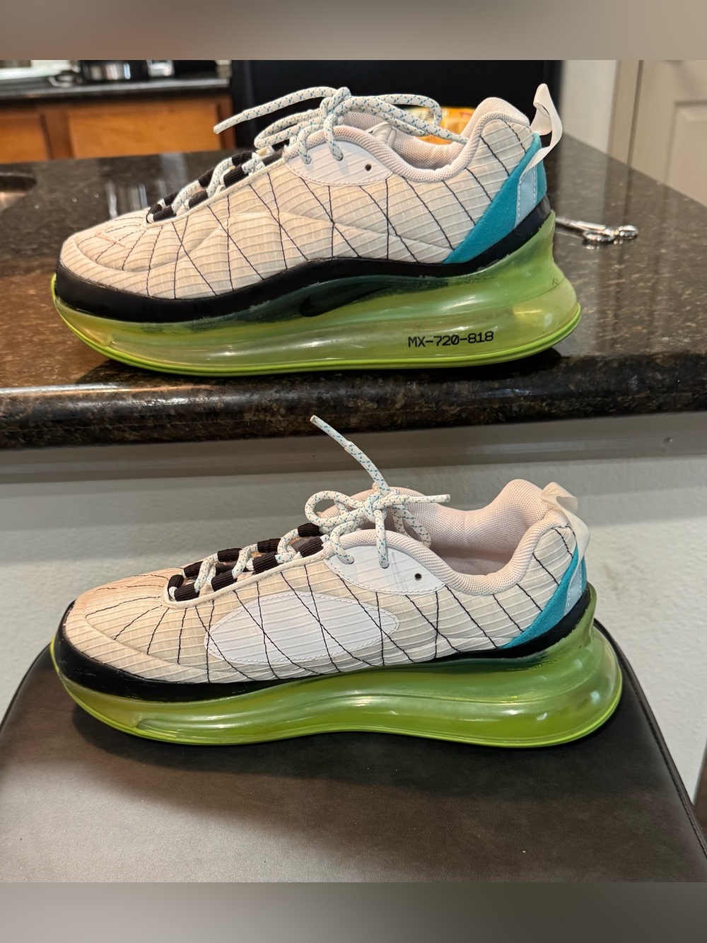 Nike Air White and Teal Sneakers with Neon Green Air Sole